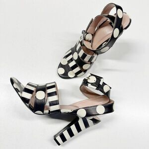 Moschino Boutique Black White Leather Polka Dot Stripe Strappy Sandals Size 38.5